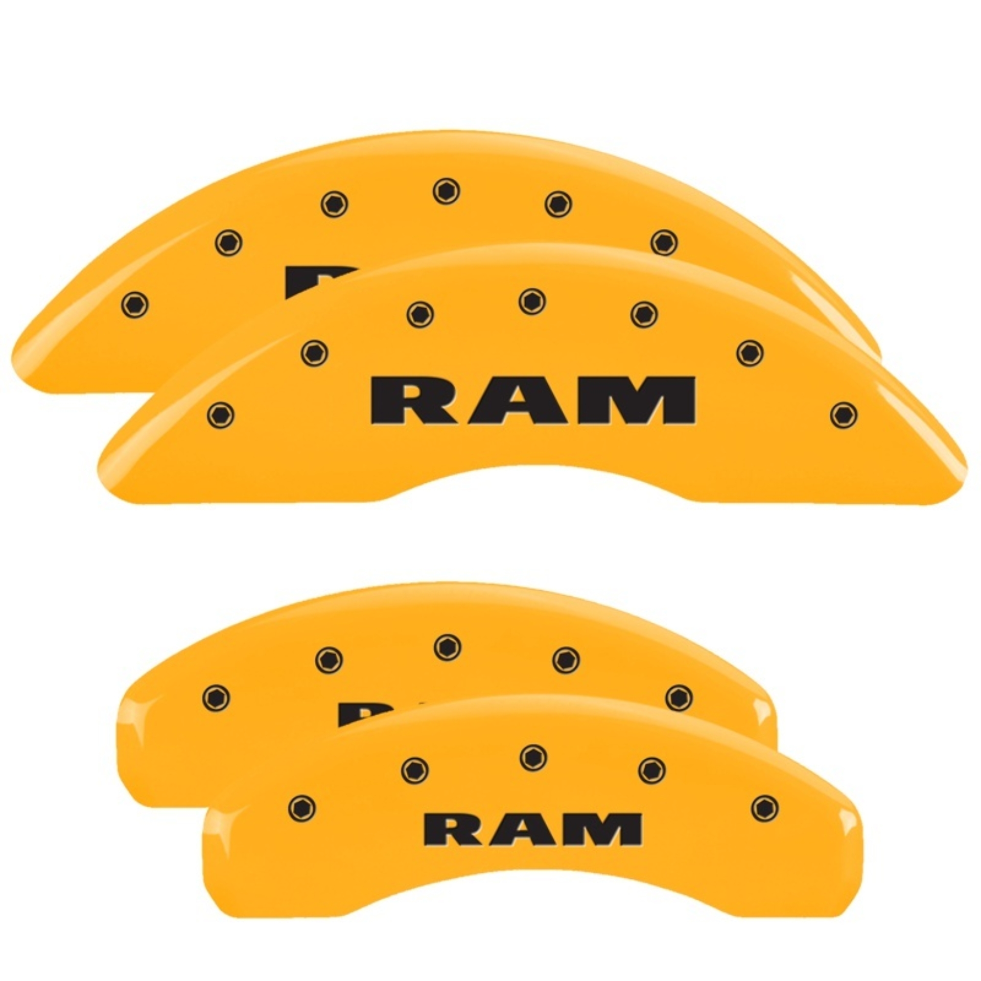 Picture of MGP Caliper Covers 4 Logo - MGP 4 Caliper Covers Engraved Front & Rear 2019 Ram 1500 Yellow Finish Black RAM Logo mgp55006SRAMYL