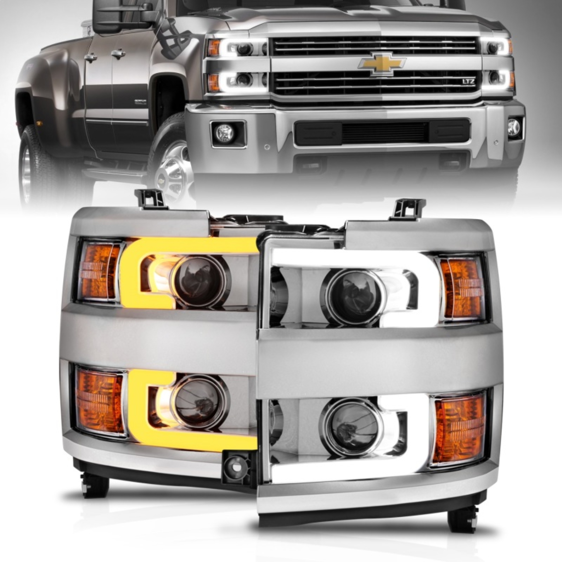 Picture of ANZO Projector Headlights 15-17 Chevrolet Silverado 2500HD / 3500HD Chrome w/ Chrome Rim