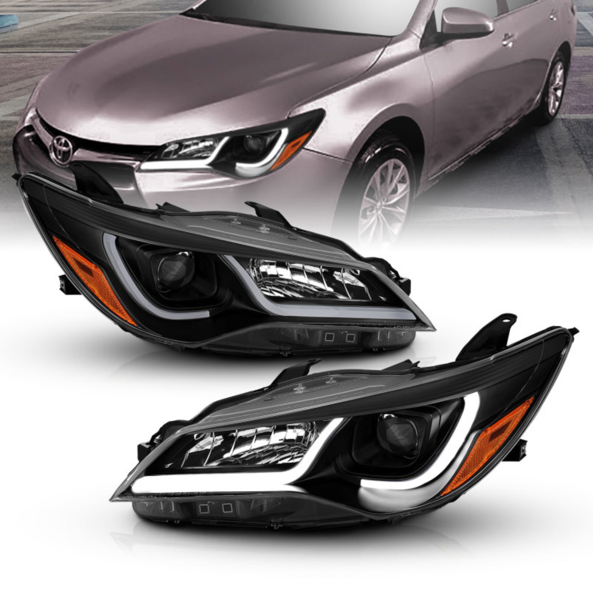 Picture of ANZO Projector Headlights With Plank Style Design Black w/Amber 15-16 Toyota Camry (4DR)