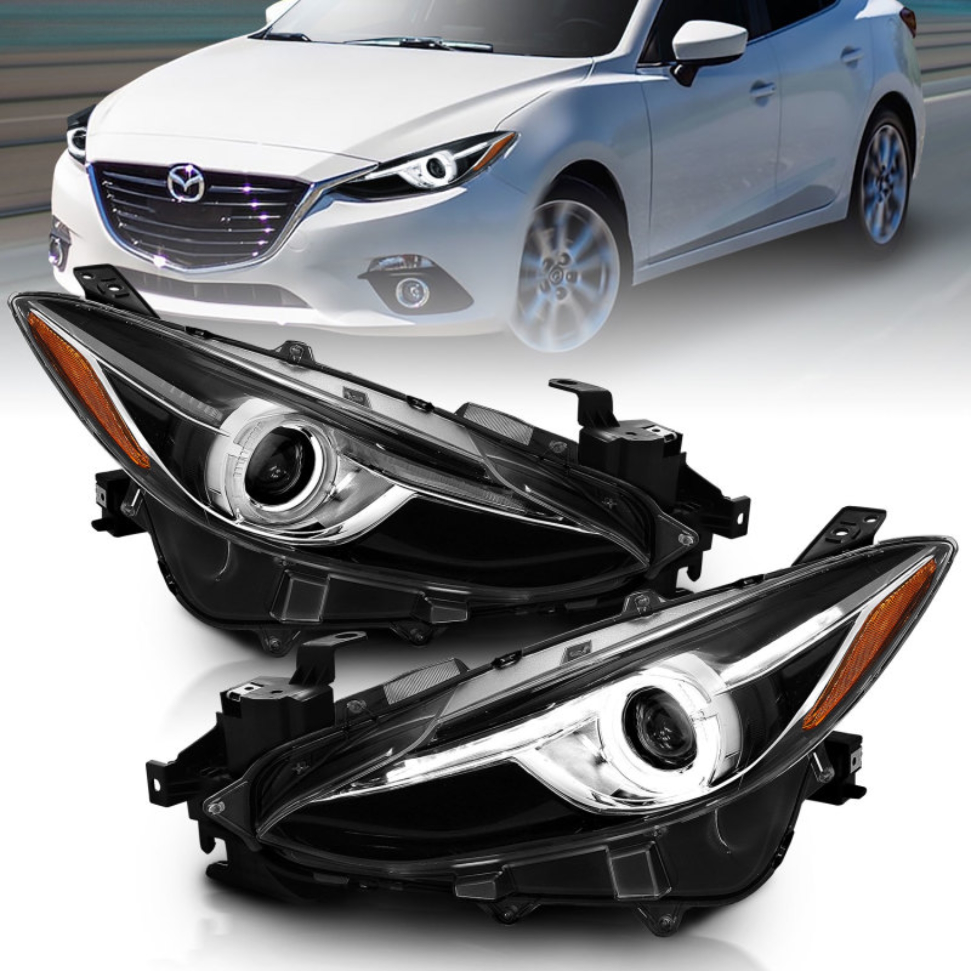 Picture of ANZO Projector Headlights With Halo Black w/Amber 14-17 Mazda 3
