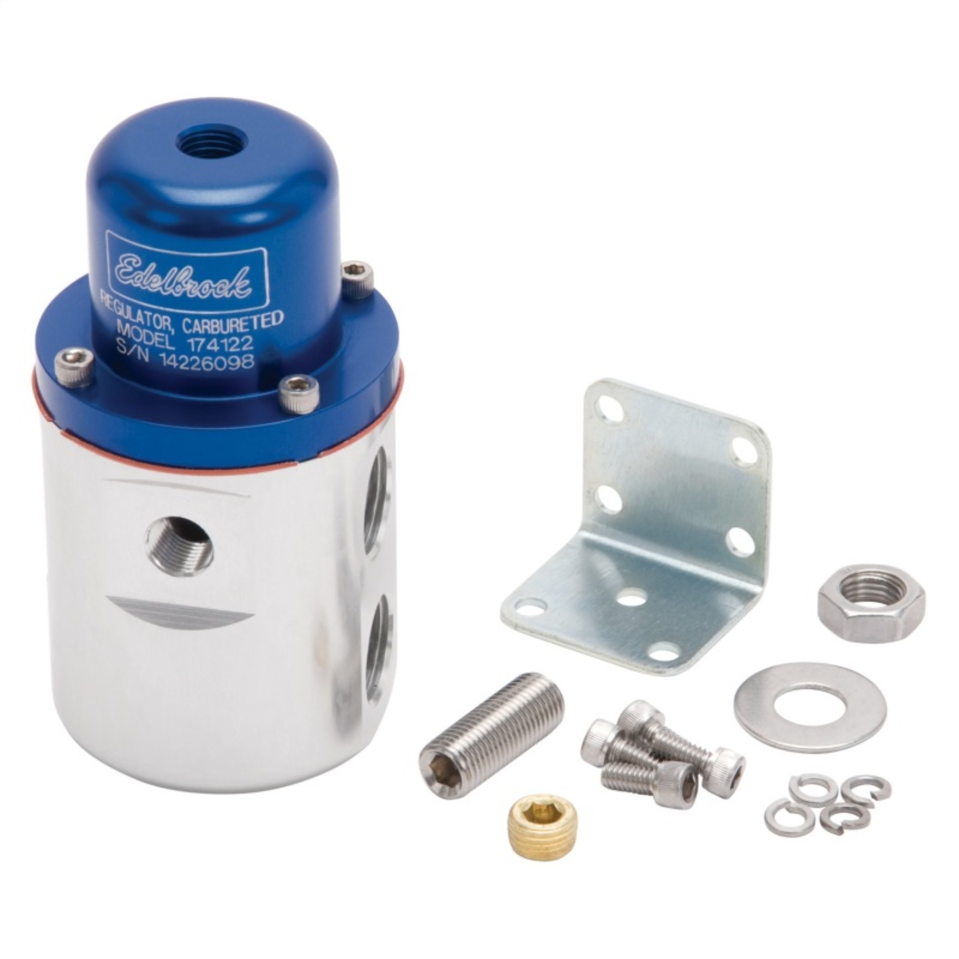 Picture of Edelbrock Fuel Pressure Regulator Carbureted 160 GPH 5-10 PSI 3/8In In/Out Returnless Blue/Clear