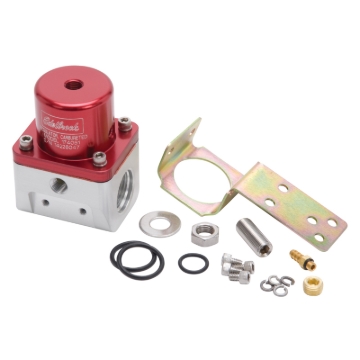 Picture of Edelbrock Fuel Pressure Regulator Carbureted 180 GPH 5-10 PSI -10 In/Out -6 Return Red/Clear