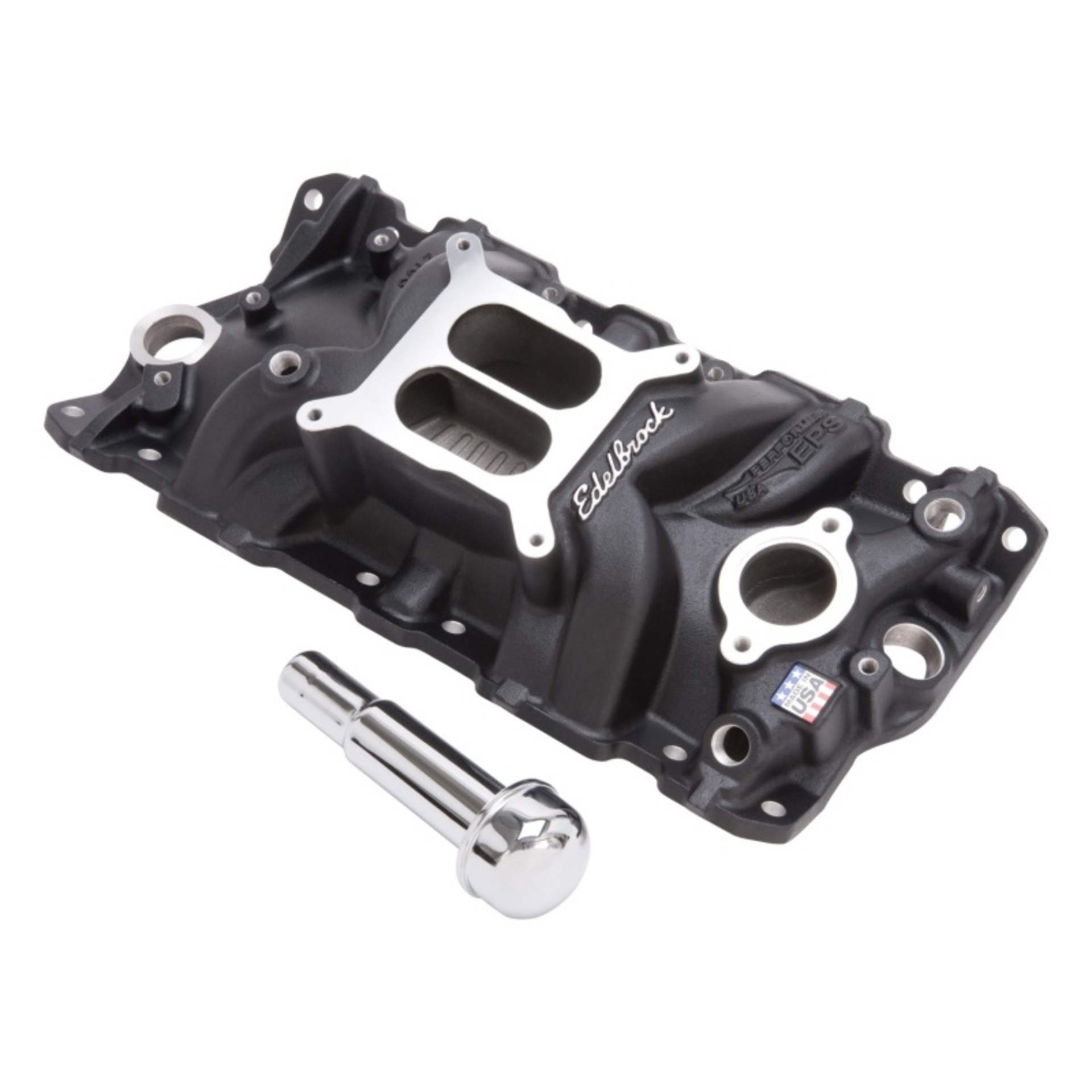 Picture of Performer EPS Manifold w/Oil Fill Tube for Small-Block Chevy; Black Finish