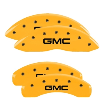 Picture of MGP 4 Caliper Covers Engraved Front & Rear 99-03 GMC Sierra 1500 Yellow Finish Black GMC Logo