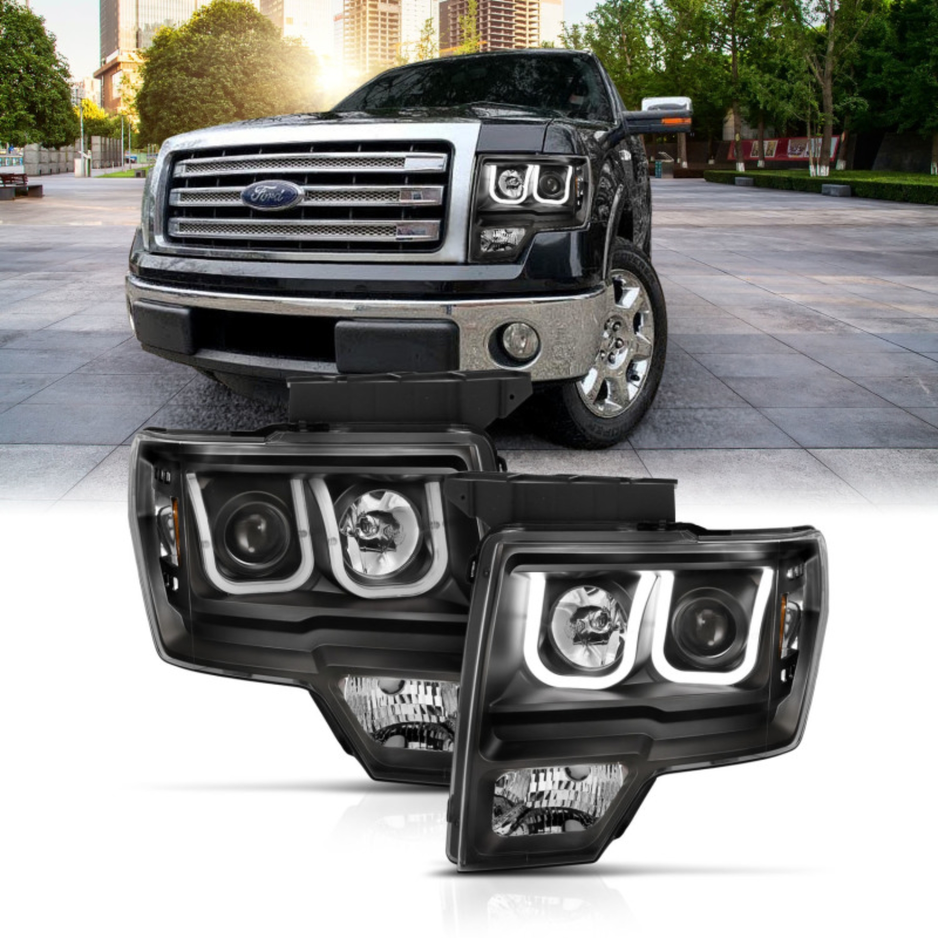 Picture of ANZO 2009-2014 Ford F-150 Projector Headlights w/ U-Bar Switchback Black w/ Amber