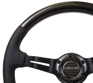 Picture of NRG Carbon Fiber Steering Wheel (350mm / 1.5in. Deep) Leather Trim w/Blk Stitch & Slit Cutout Spokes