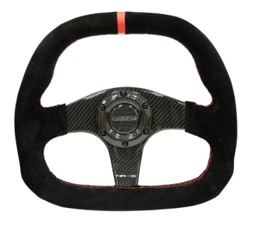 Picture of NRG Carbon Fiber Steering Wheel (320mm) Flat Btm. Blk Suede/Red Stitch w/CF Spokes & Red Center Mark