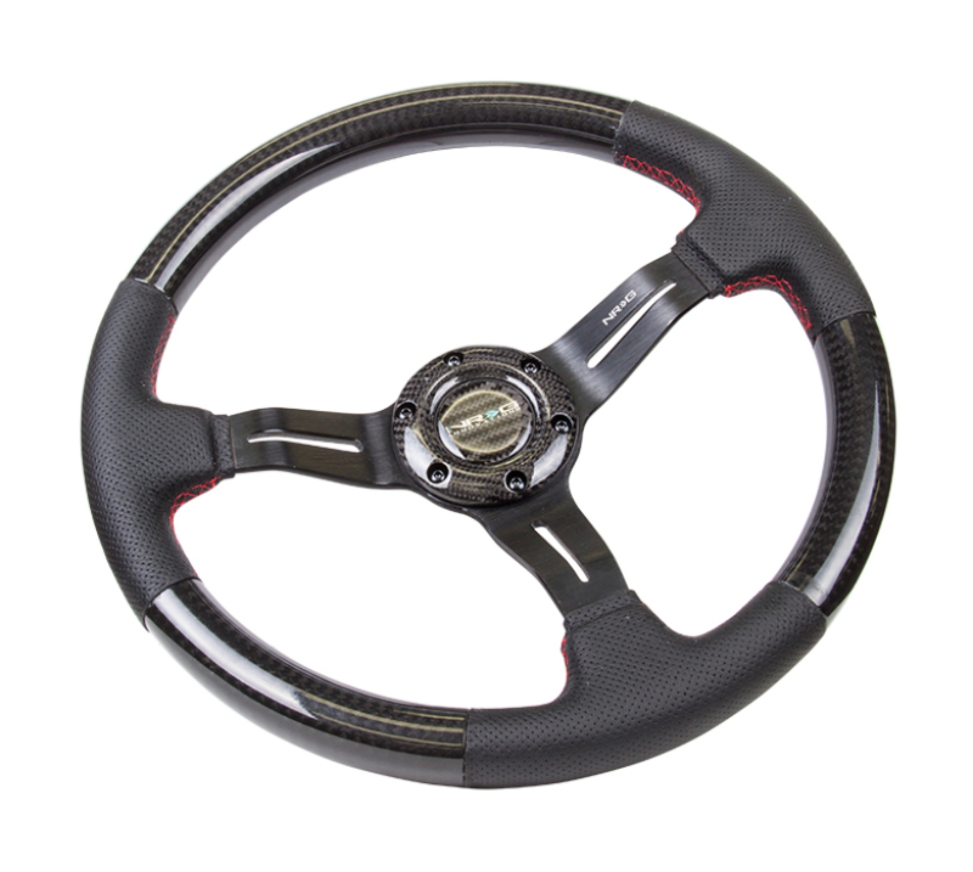 Picture of NRG Carbon Fiber Steering Wheel (350mm /1.5in. Deep) Leather Trim w/Red Stitch & Slit Cutout Spokes