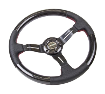 Picture of NRG Carbon Fiber Steering Wheel (350mm /1.5in. Deep) Leather Trim w/Red Stitch & Slit Cutout Spokes