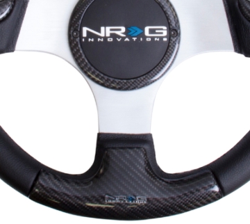 Picture of NRG Carbon Fiber Steering Wheel (350mm) Silver Frame Blk Stitching w/Rubber Cover Horn Button