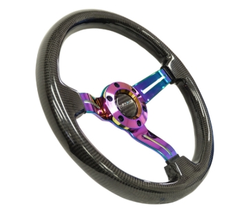 Picture of NRG Carbon Fiber Steering Wheel (350mm / 1.5in. Deep) Neochrome 3-Spoke Design w/Slit Cuts