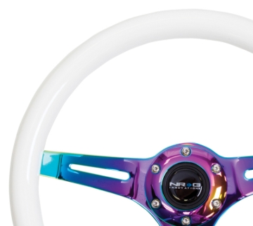 Picture of NRG Classic Wood Grain Steering Wheel (350mm) Glow-N-The-Dark Green Grip w/Neochrome 3-Spoke Center