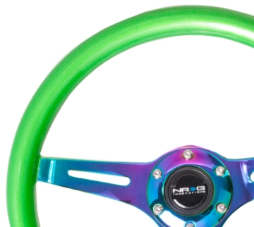 Picture of NRG Classic Wood Grain Steering Wheel (350mm) Green Pearl/Flake Paint w/Neochrome 3-Spoke Center