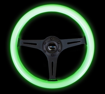 Picture of NRG Classic Wood Grain Steering Wheel (350mm) Glow-N-The-Dark Green Grip w/Black 3-Spoke Center