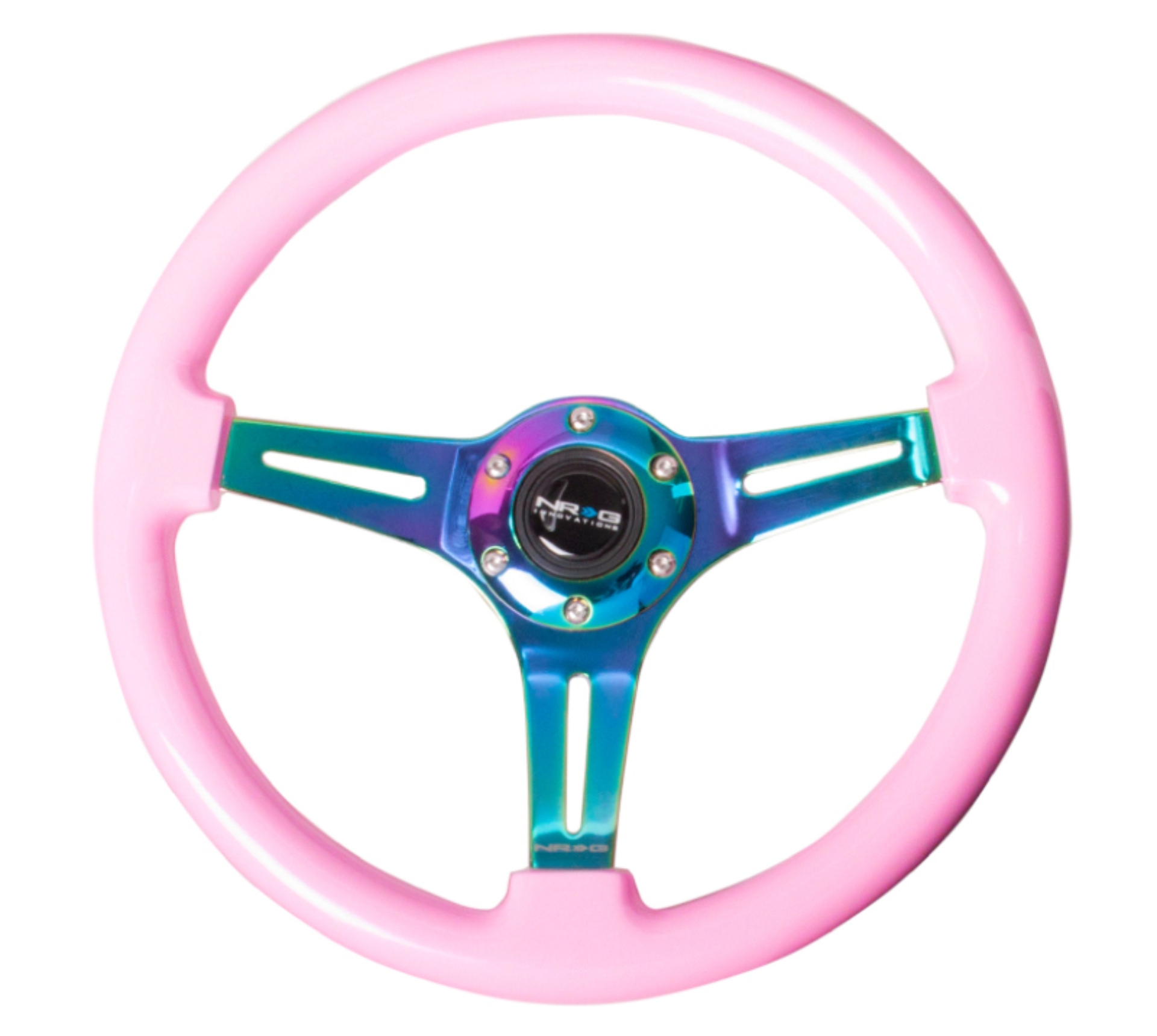 Picture of NRG Classic Wood Grain Steering Wheel (350mm) Solid Pink Painted Grip w/Neochrome 3-Spoke Center