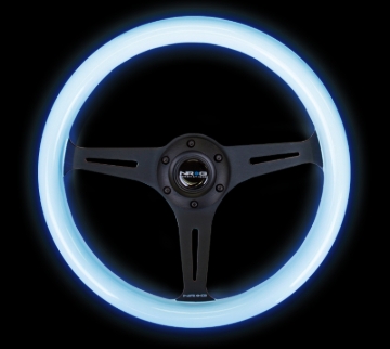 Picture of NRG Classic Wood Grain Steering Wheel (350mm) Glow-In-The-Dark Blue Grip w/Black 3-Spoke Center