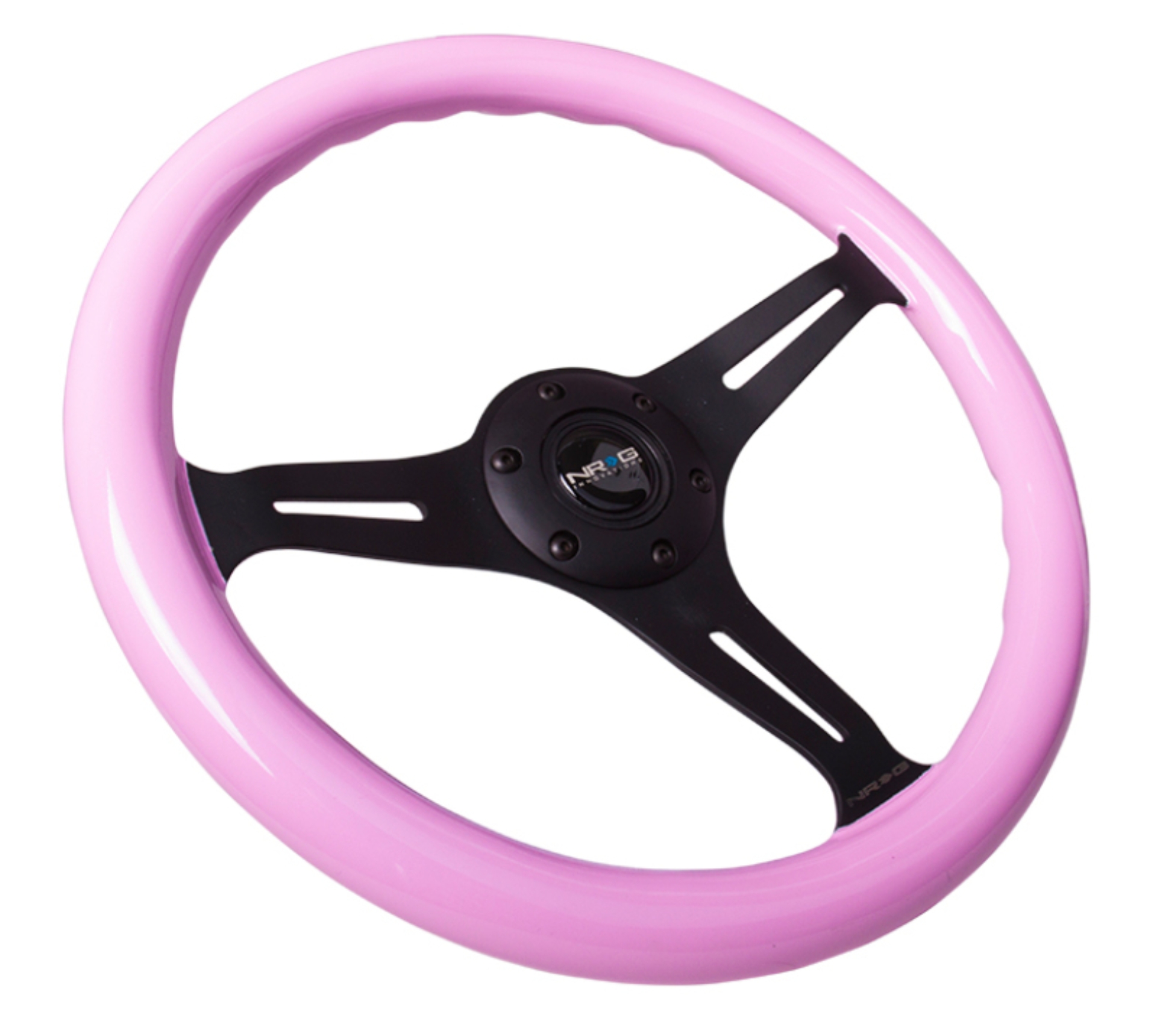 Picture of NRG Classic Wood Grain Steering Wheel (350mm) Solid Pink Painted Grip w/Black 3-Spoke Center