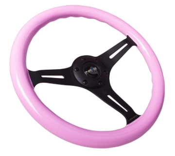 Picture of NRG Classic Wood Grain Steering Wheel (350mm) Solid Pink Painted Grip w/Black 3-Spoke Center