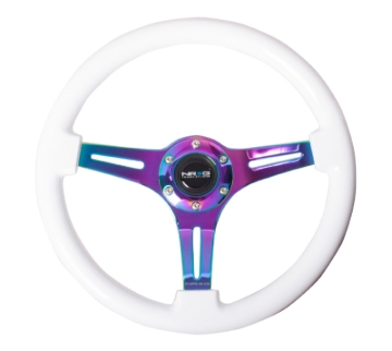 Picture of NRG Classic Wood Grain Steering Wheel (350mm) White Paint Grip w/Neochrome 3-Spoke Center