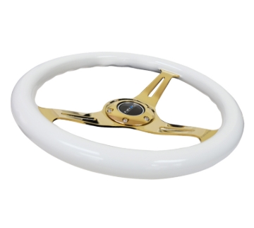 Picture of NRG Classic Wood Grain Steering Wheel (350mm) White Grip w/Chrome Gold 3-Spoke Center