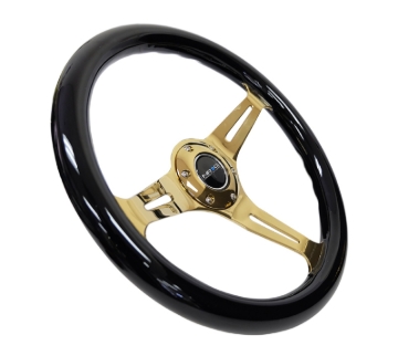 Picture of NRG Classic Wood Grain Steering Wheel (350mm) Black Grip w/Chrome Gold 3-Spoke Center