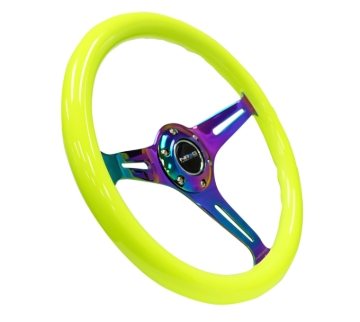 Picture of NRG Classic Wood Grain Steering Wheel (350mm) Neon Yellow Color w/Neochrome Spokes