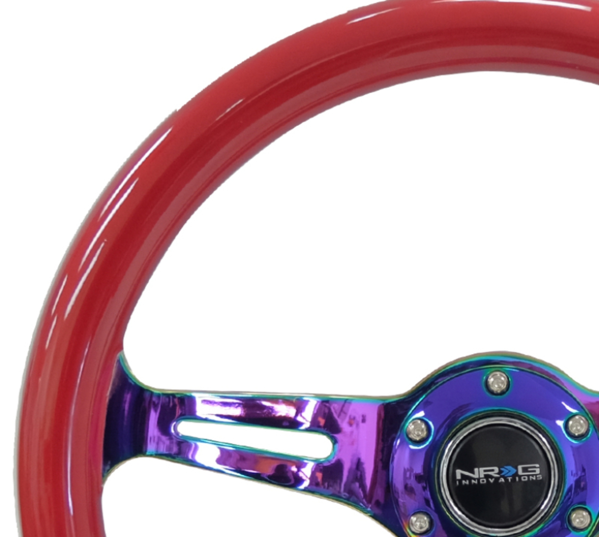 Picture of NRG Classic Wood Grain Steering Wheel (350mm) Red Grip w/Neochrome 3-Spoke Center