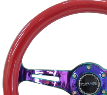 Picture of NRG Classic Wood Grain Steering Wheel (350mm) Red Grip w/Neochrome 3-Spoke Center
