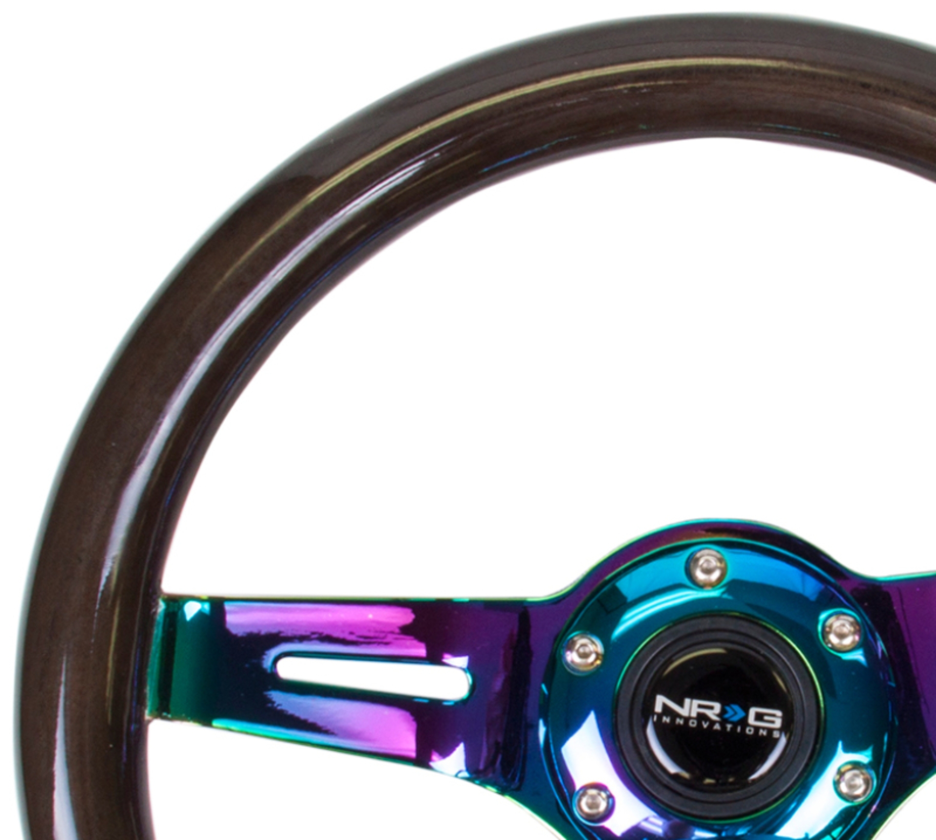 Picture of NRG Classic Wood Grain Steering Wheel (310mm) Black w/Neochrome 3-Spoke Center