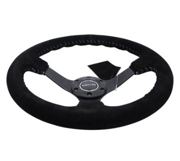 Picture of NRG Reinforced Steering Wheel (350mm / 3in. Deep) Blk Suede/Silver BBall Stitch w/5mm Mt. Blk Spokes