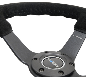 Picture of NRG Reinforced Steering Wheel (350mm / 3in. Deep) Blk Suede/Blk Bball Stitch w/5mm Matte Black Spoke