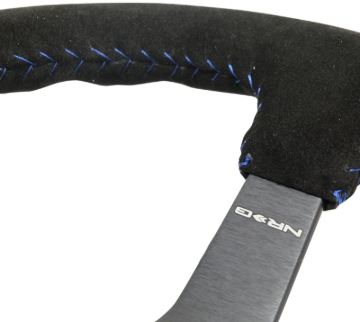 Picture of NRG Reinforced Steering Wheel (350mm / 3in. Deep) Blk Suede/Blue BBall Stitch w/5mm Matte Blk Spokes