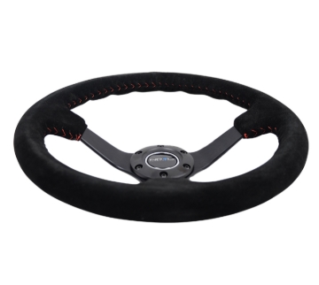 Picture of NRG Reinforced Steering Wheel (350mm / 3in. Deep) Blk Suede/Red BBall Stitch w/5mm Matte Blk Spokes