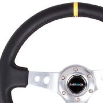 Picture of NRG Reinforced Steering Wheel (350mm / 3in. Deep) Blk Leather w/Circle Cut Spokes & Single Yellow CM