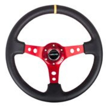 Picture of NRG Reinforced Steering Wheel (350mm / 3in. Deep) Blk Leather w/Red Spokes & Sgl Yellow Center Mark