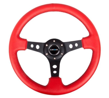 Picture of NRG Reinforced Steering Wheel (350mm / 3in. Deep) Red Leather/Blk Stitch w/Blk Circle Cutout Spokes