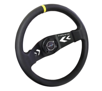 Picture of NRG Reinforced Steering Wheel (350mm / 3in Deep) Blk Leather w/NRG Arrow-Cut 2-Spoke & Sgl Yellow CM