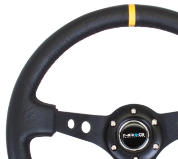 Picture of NRG Reinforced Steering Wheel (350mm / 3in. Deep) Blk Leather w/Blk Cutout Spoke/Yellow Center Mark