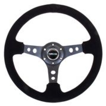 Picture of NRG Reinforced Steering Wheel (350mm / 3in. Deep) Blk Suede/Blk Stitch w/Black Circle Cutout Spokes