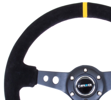 Picture of NRG Reinforced Steering Wheel (350mm / 3in. Deep) Blk Suede w/Circle Cut Spokes & Single Yellow CM