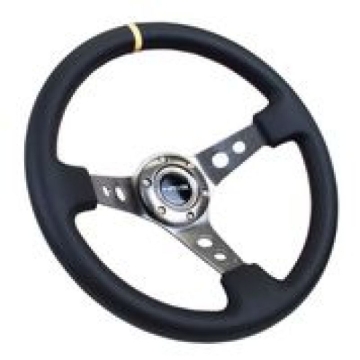 Picture of NRG Reinforced Steering Wheel (350mm / 3in. Deep) Blk Leather w/Gunmetal Cutout Spoke & Yellow CM