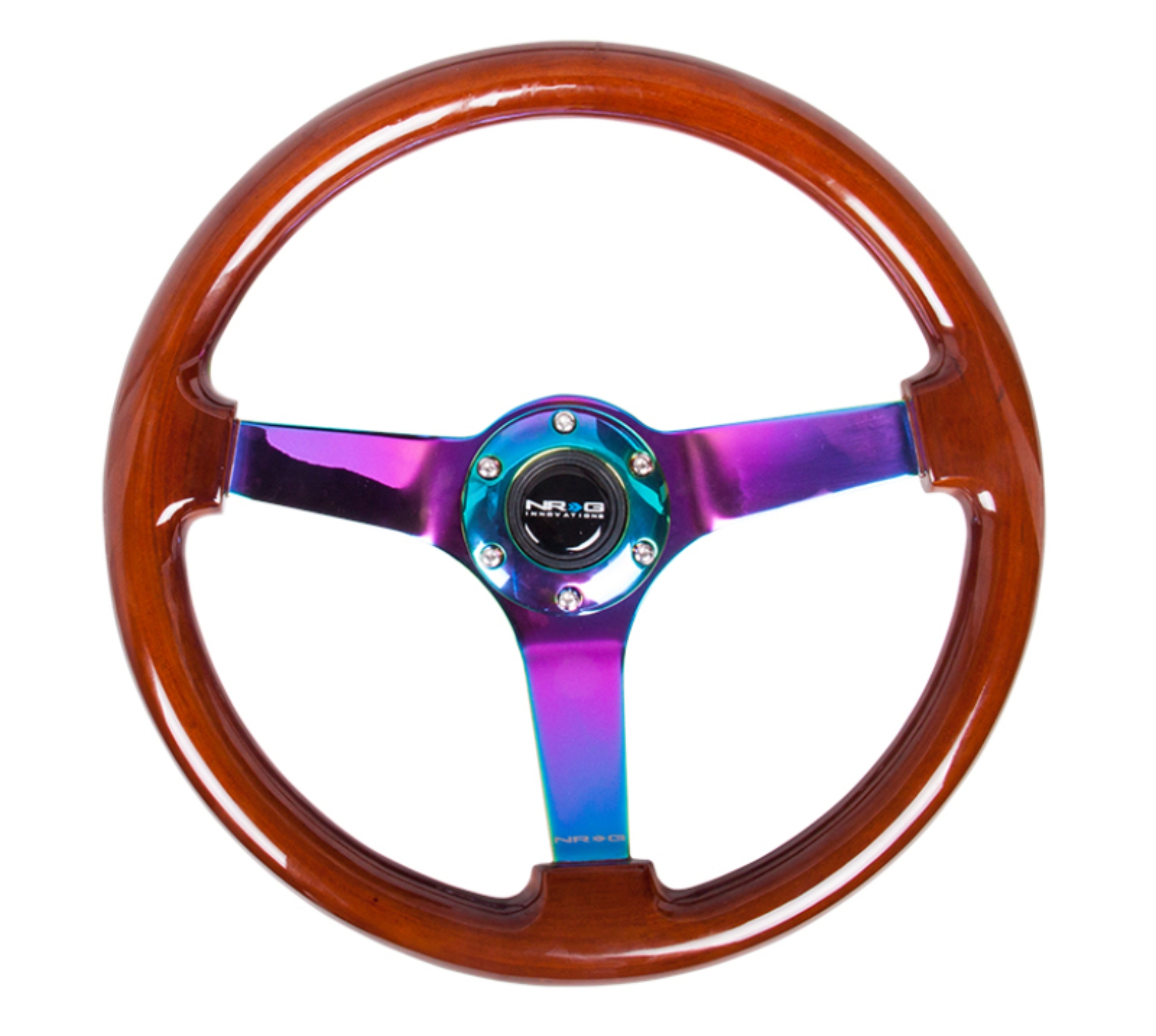 Picture of NRG Reinforced Steering Wheel (350mm / 3in. Deep) Classic Dark Wood w/4mm Neochrome Solid 3-Spoke