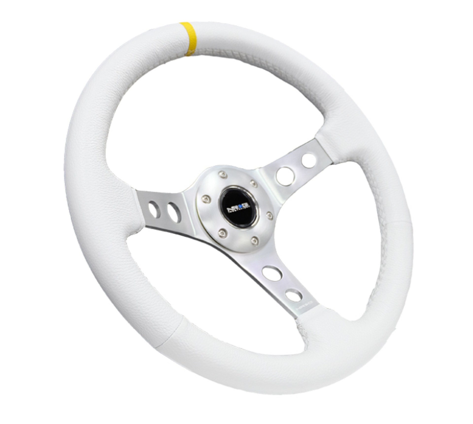 Picture of NRG Reinforced Steering Wheel (350mm / 3in. Deep) White Leather w/Silver Spoke & Single Yellow Mark