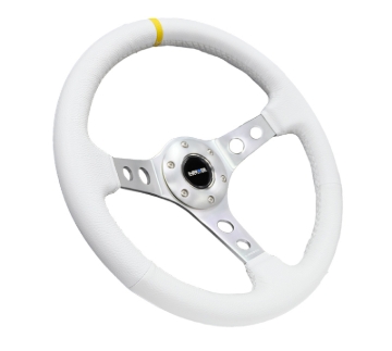 Picture of NRG Reinforced Steering Wheel (350mm / 3in. Deep) White Leather w/Silver Spoke & Single Yellow Mark