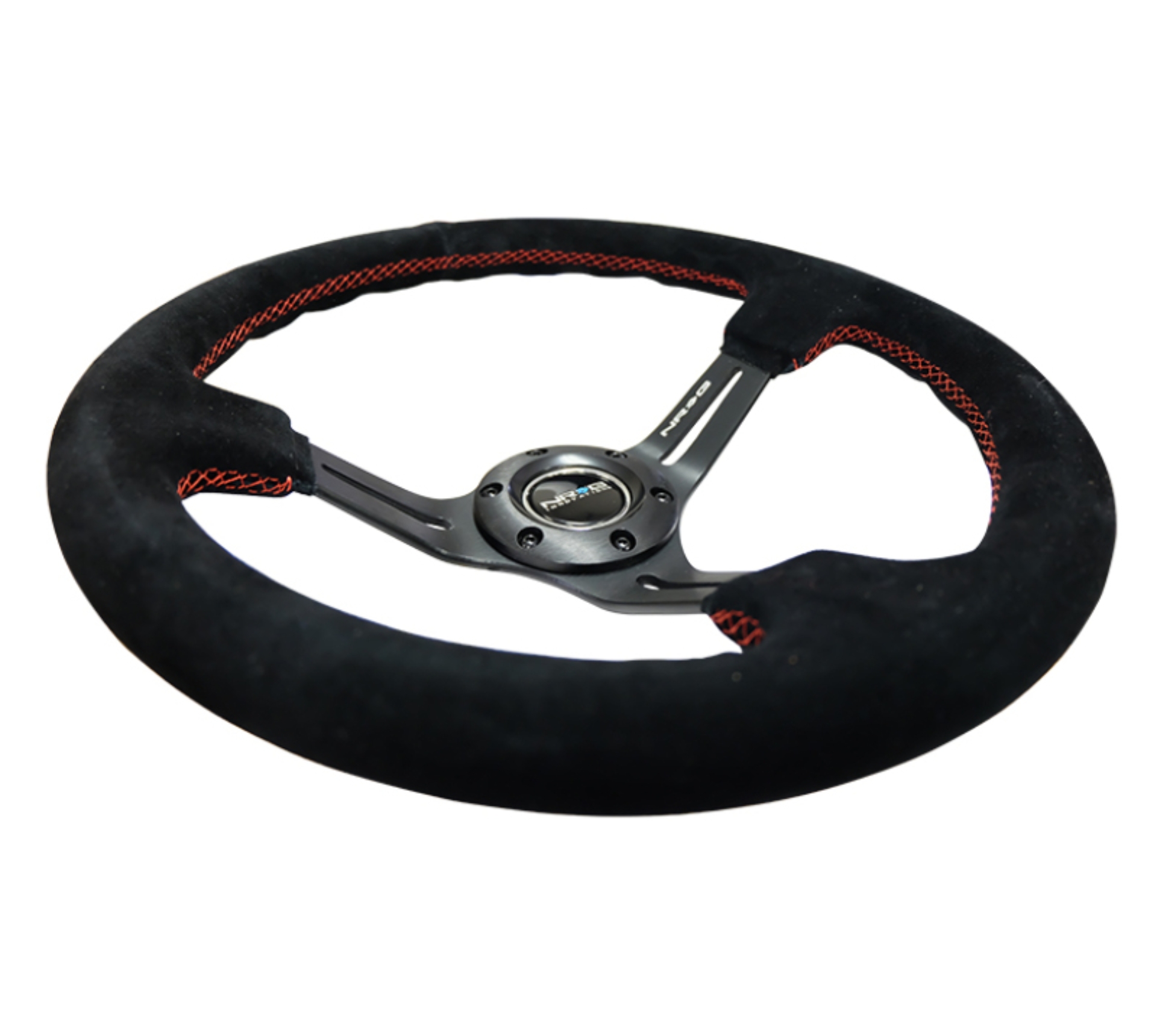 Picture of NRG Reinforced Steering Wheel (350mm / 3in. Deep) Blk Suede w/Red Stitching & 5mm Spokes w/Slits