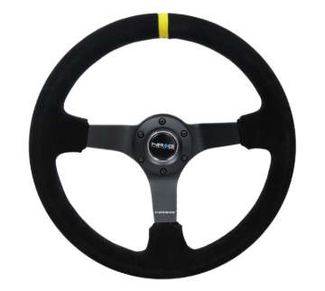 Picture of NRG Reinforced Steering Wheel (350mm / 3in. Deep) Blk Suede/X-Stitch w/5mm Blk Spoke & Yellow CM
