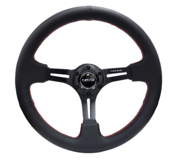 Picture of NRG Reinforced Steering Wheel (350mm / 3in. Deep) Black Leather/Red Stitch & Blk 3-Spoke w/Slits
