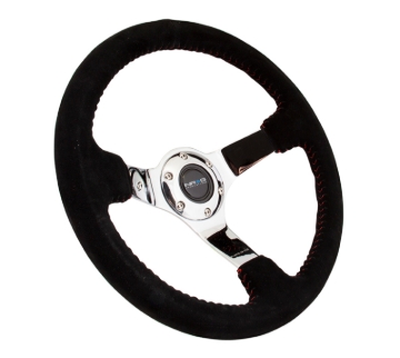 Picture of NRG Reinforced Steering Wheel (350mm / 3in. Deep) Blk Suede w/Red BBall Stitch & Chrome 3-Spoke