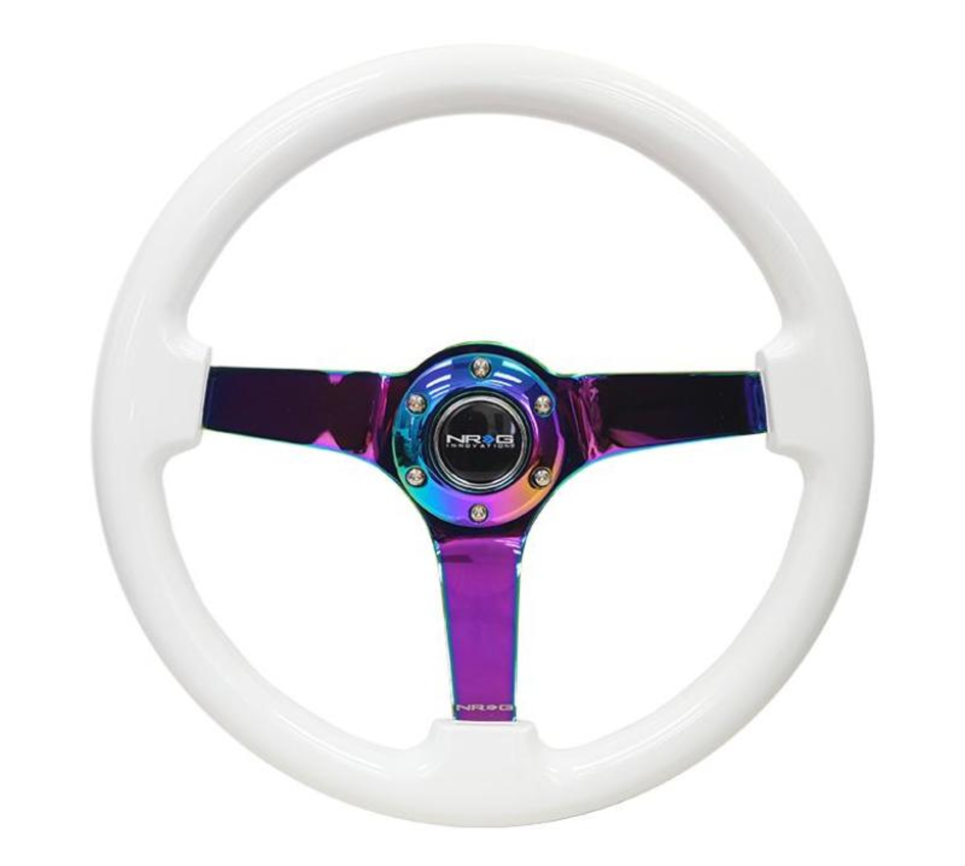 Picture of NRG Reinforced Steering Wheel (350mm / 3in. Deep) Classic White w/4mm Neochrome Solid 3-Spoke