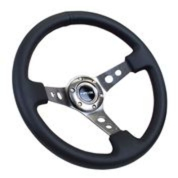 Picture of NRG Reinforced Steering Wheel (350mm / 3in. Deep) Blk Leather w/Gunmetal Circle Cutout Spokes